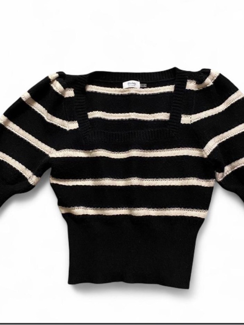 Bluivy Black & Cream Striped Square-Neck Pullover